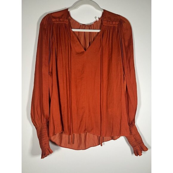 Rebecca Taylor rust orange v-neck pleated sleeves blouse M boho flowy office - Picture 1 of 10